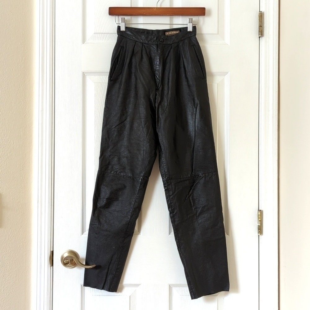 Petite Sophisticate 90's Vintage High Rise Slim Fit Genuine Leather Pants Black